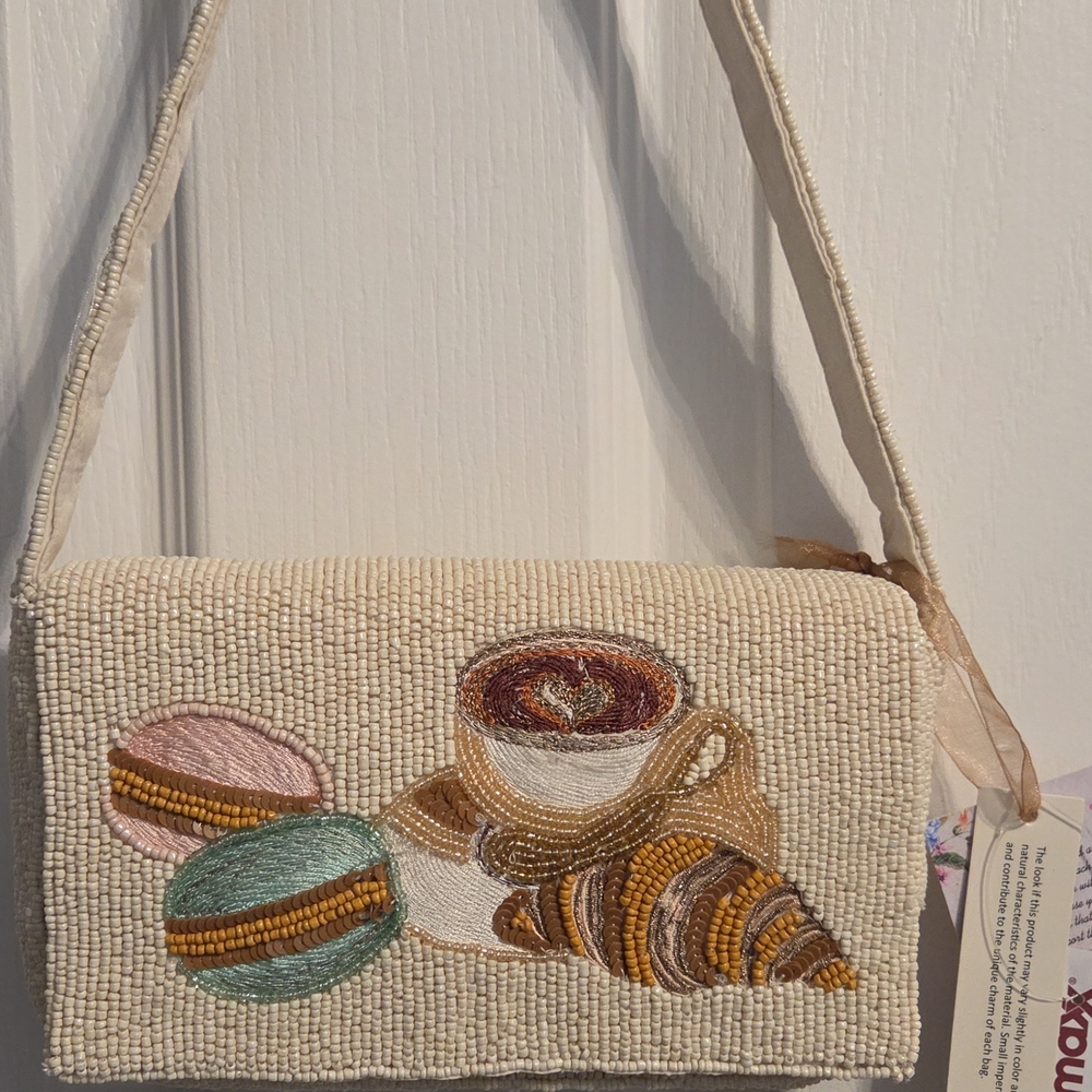 NWT! Cream Cafe' Beaded Shoulder Bag  w/Coffee Latte Croissant & Macaroons